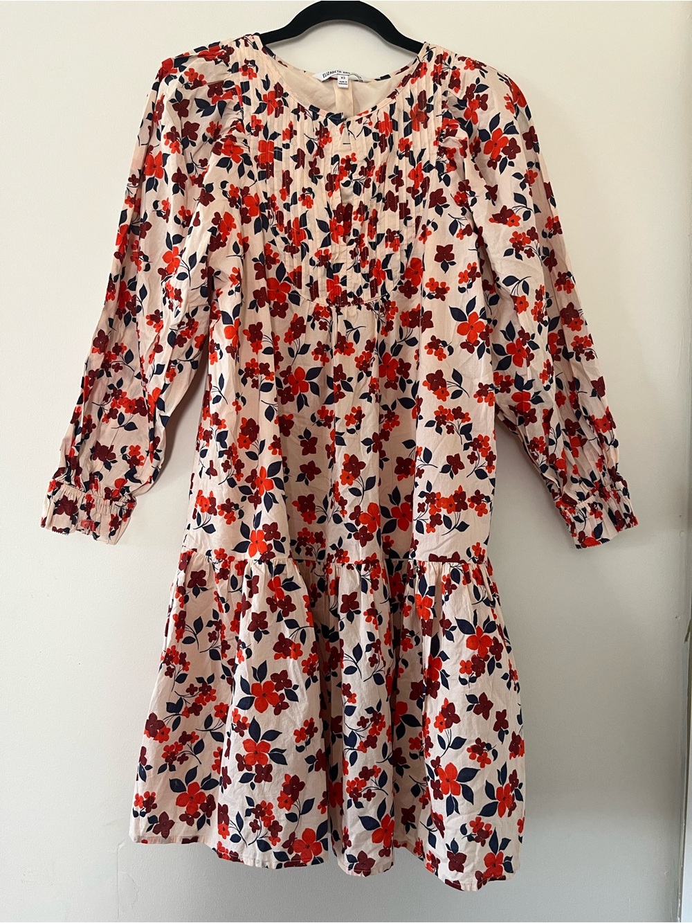 Elizabeth and James Floral Cotton Knee Length Dress XS Red Cream Romantic